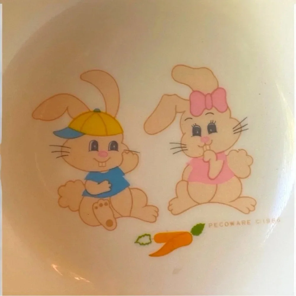 VINTAGE 1986 Peco Melamine Dinnerware Plate & Bowl - Bunny Rabbits